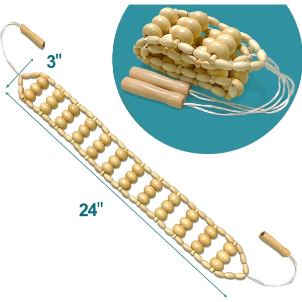 Rulletau av tre for ryggmassasje, manuell massasjebelte, terapeutisk lymfatisk anti-cellulitt, lindrer smerter i rygg, nakke, skulder, ben, midje