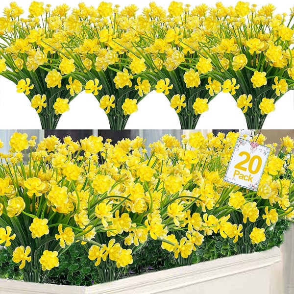 20 stk kunstige blomster til udendørs dekoration Udendørs plastik grønt Falske blomster plantekasse Hjemmehave indretning (gul)