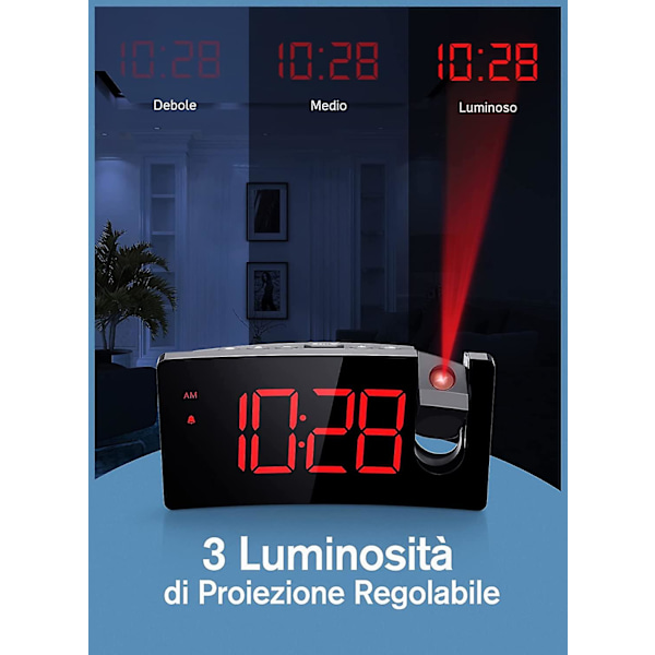 Blå väckarklocka med 180 projektor, 4-nivåers ljusstyrka, stor LED-display, digital väckarklocka med USB-laddningsport, 9 minuters snooze, 12/24H A