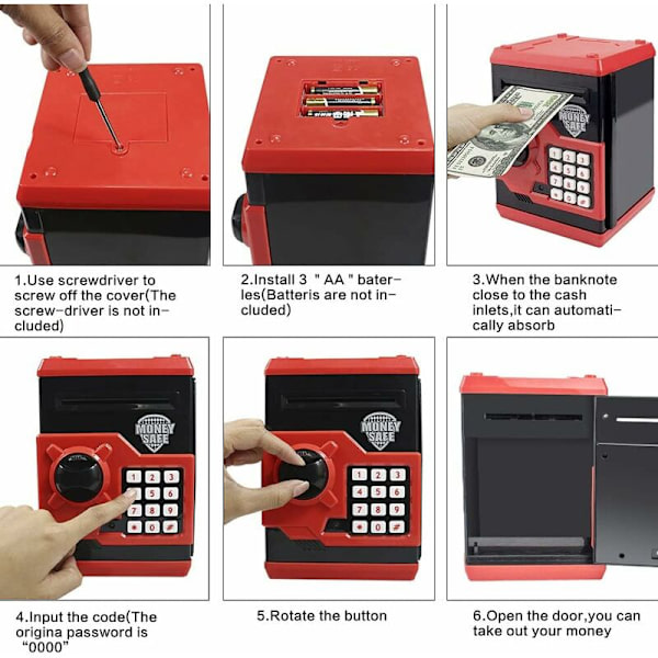 One Piece Mini Automatisk Elektronisk Sparbössa med ATM-Lösenord Kreativt Säkerhetsskåp för Barn Barn Födelsedagspresent Jul Leksak (Röd) - 18,5x12,5x12cm