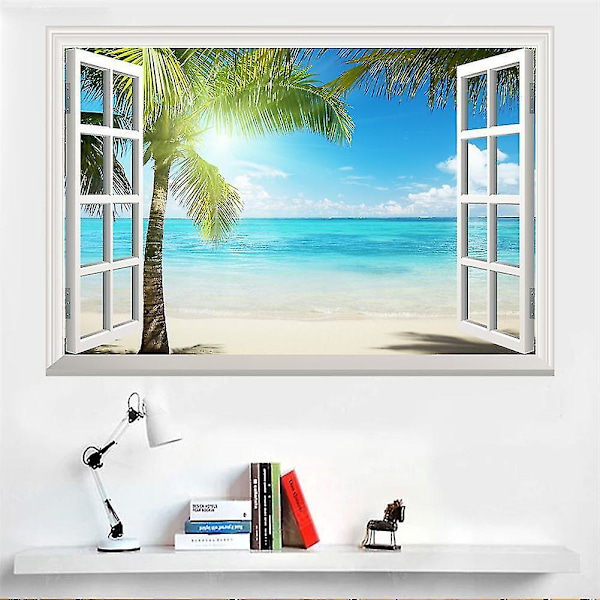 Tropisk øystrand, sommer 3d vindusutsikt veggklistremerke plakat klistremerke, 1 stk