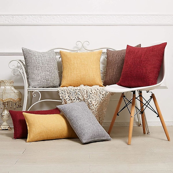 Set med 2 røde putetrekk i rustikt lin, dekorative firkantede pynteputer 18x18 tommer for sofa- og sofadekorasjon