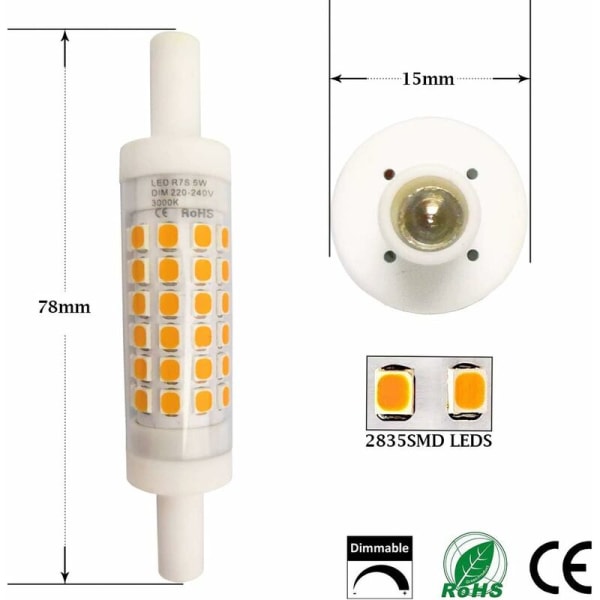 5W R7s LED-lampa 78MM Dimbar Varmvit? 3000K AC220-240V J78 360 Graders Keramiska Ljuskällor 2-pack