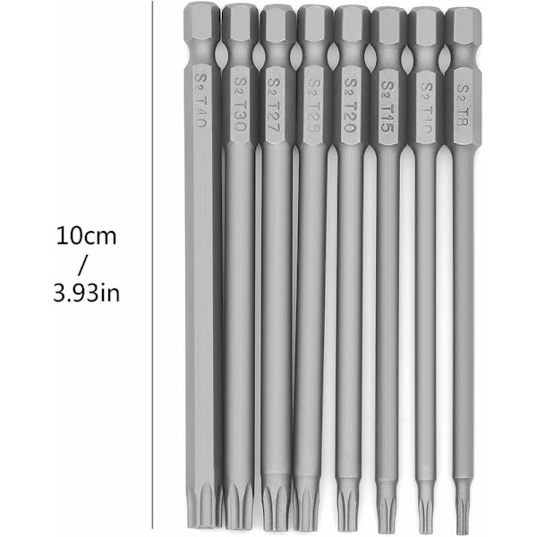 8-delad 1/4 magnetisk stjärnmejsel med långt Torx-huvud, 100 mm långt sexkantskaft, skruvmejselset (8 st 100 mm)