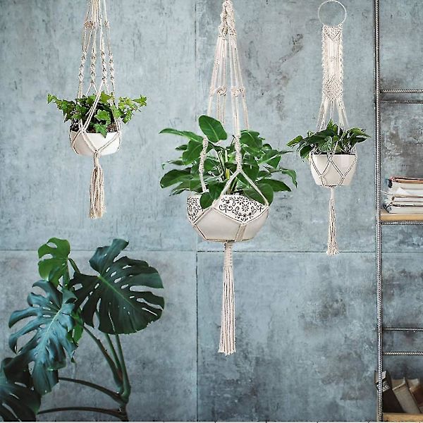 Macrame-växtupphängningar, set med 4 inomhusupphängda krukor, handgjord upphängningsbar växtkruka - 43 tum, 4 ben