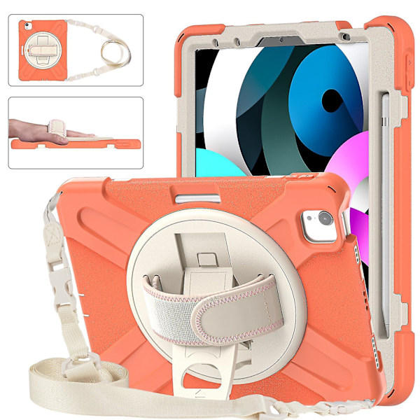 Nytt deksel for iPad Air4 10,9 tommer med skulderstropp, roterende stativ, pennholder (koralloransje)