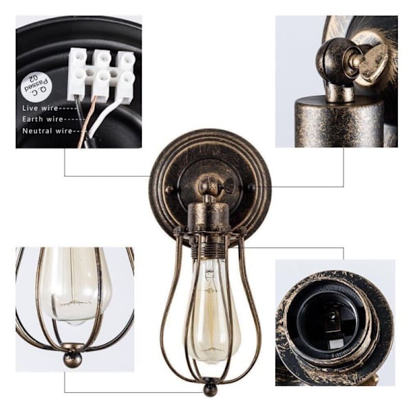 Industriell vägglampa i metalljärn E27 Retro Retro lampa för champagne hem café loft kök vardagsrum hotell sovrum rostfri 12x25cm 1st brons
