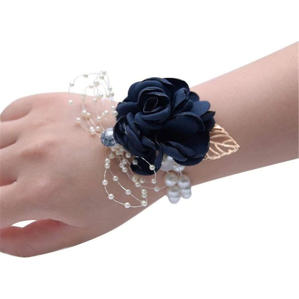 Flicka Brudtärna Handled Corsage Brudsilke Handled Blomma Faux Pearl Armband Handledsrem Flower Ornament (mörkblå, 1 förpackning)