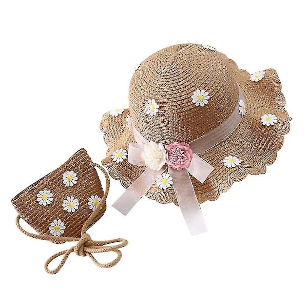 Mdchen Daisy Sun Hut Strohhut Mit Schulter Strohbeutel Set Sommer Blume Strand Hut Welle Weit Sonnenschutz Hut Beanie Mtze Fr Kinder Kleinkind Baby