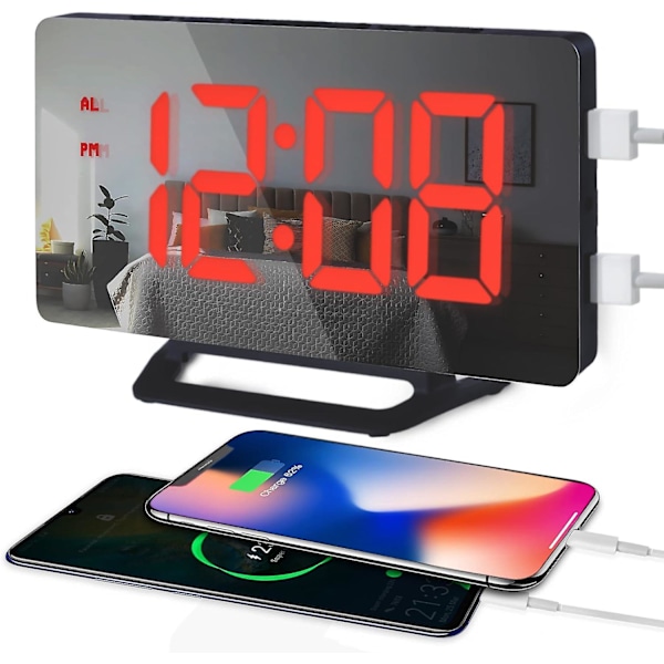 Digital väckarklocka för sovrum. Stor display spegel väckarklocka med dubbla USB
