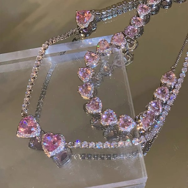 2 st Halsband Rosa Persika Hjärta Hänge Smyckesten Kärlek Staplade Nyckelben Kedja Dam Rhinestone Hjärta Halsband