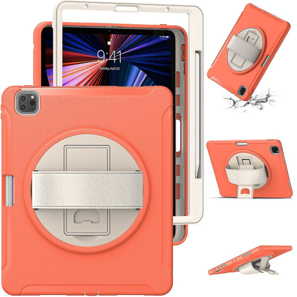 New Case For Ipad Pro 12.9 Inch 2021 With Hand Strap, Adjustable Stand（Coral Orange）