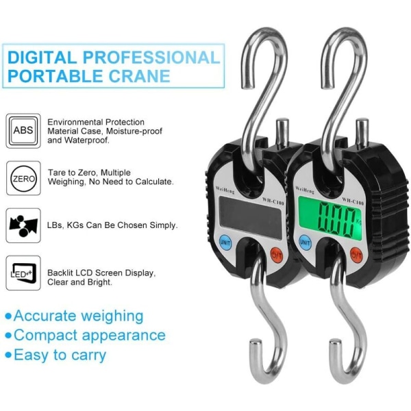 Bagagevåg med 2 krokar i rostfritt stål, bärbar digital kranvåg (svart)