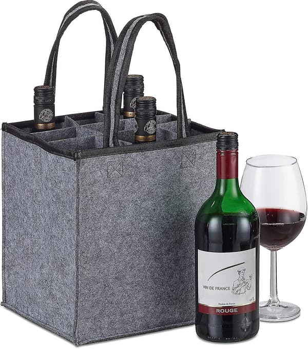 Relaxdays Flaskväska, 6 Flaskor, Flaskställ För Vin, Öl, Tomflaskor Samlingsbehållare, 24 X 18 X 16 Cm, Grå, 1 Styck