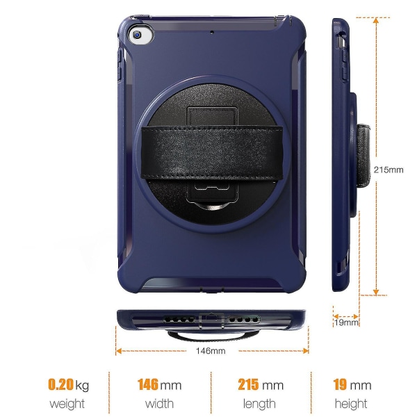 Premium fargedeksel for iPad Mini 4/5 med justerbart stativ, håndstropp, forsterket fallbeskyttelse, deksel av høy kvalitet