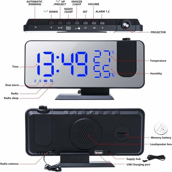 Projektionsklockradio, digital klockradio, 4 dimmers och 180° vridbar och 2 ljud, 7,4'' spegelskärm, svart-blå