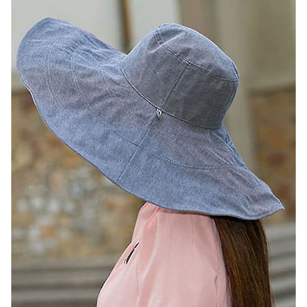 Kvindernes Solhat Pakkelige Reversible Spand Hat Uv Solbeskyttelse Bred Skygge Sommer Strand Cap（A*bomuld Linned Denim Blå）