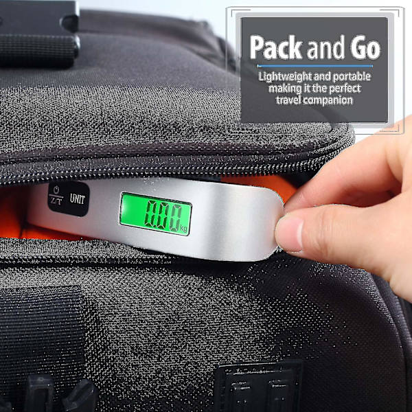 Elektronisk bagasjevekt, reisekoffervekt, bærbar, maks 50 kg, bakgrunnsbelyst LCD/tare-funksjon, sett med 2