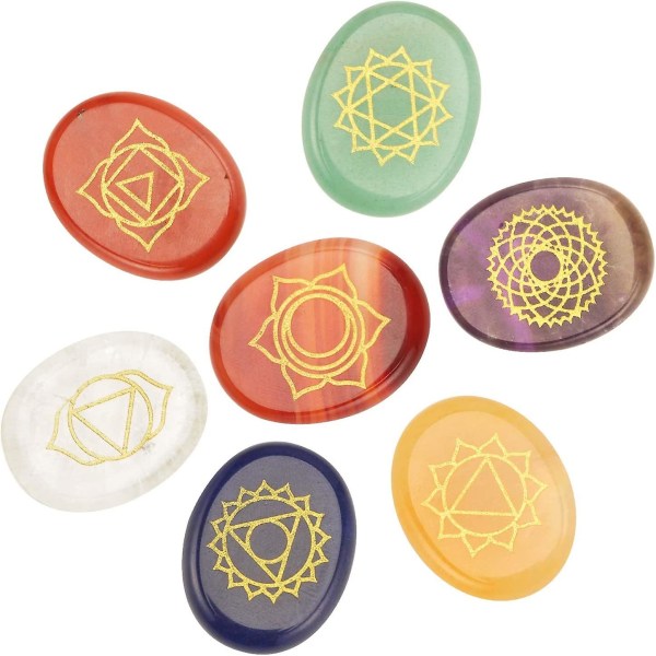 Chakra Krystallsett, Chakra Reiki Graverte Pebble Stones Gull Utformede Tegn Polerte Krystaller Balanserende Edelsten Åndelig For Holistisk Helbredelse