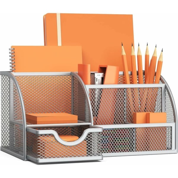 Skrivbordsförvaring, Mesh av trådnät med låda och pennhållare, 6 olika fack för pennor, häftapparater, mappar, silvergrå