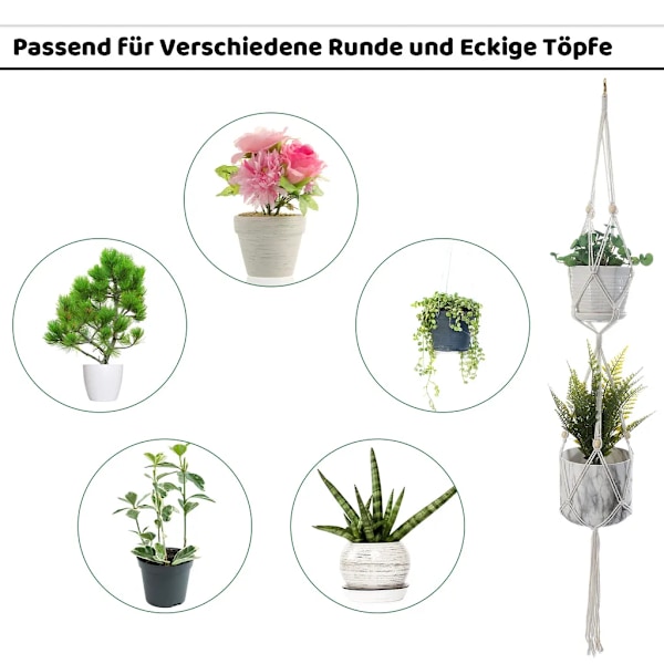 Set med 6 Macrame-hängande korgar, Boho bomullsrep växtkrukor med krokar