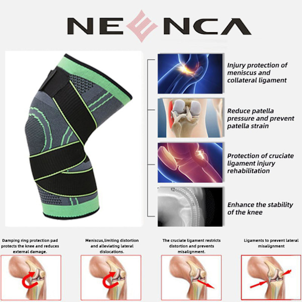 Fitness Knæpude Strikkede Knæpude Strikning Spandex Nylon Material Patella Brace Justerbar Enkelt Sportsremme（M，grøn）