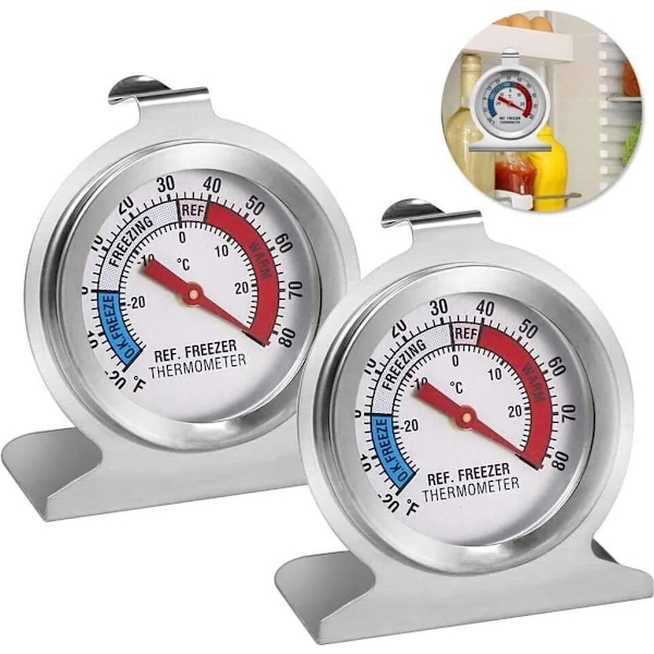 2x Rostfritt Stål KylskåpsTermometer, Stor Urtavla med Röd Visning