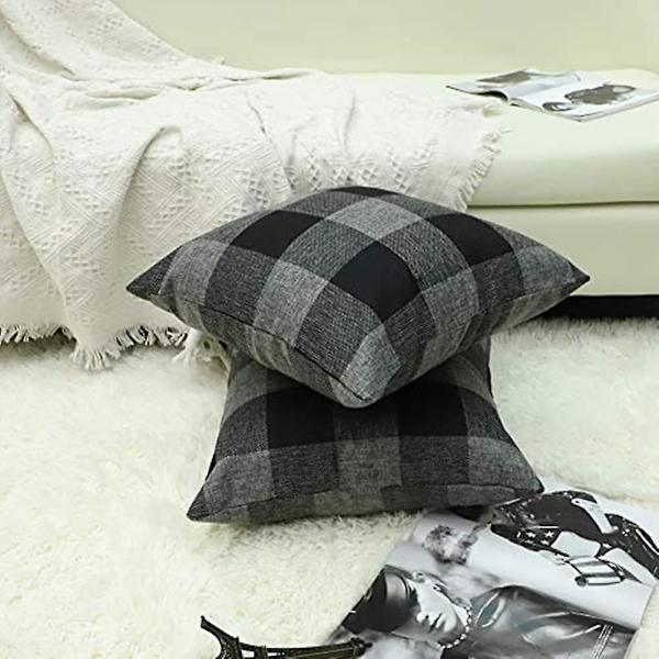 Rutete putetrekk i lin, dekorativ putetrekk til hjem, sofa og bil 50x50cm, sett med 2, svart