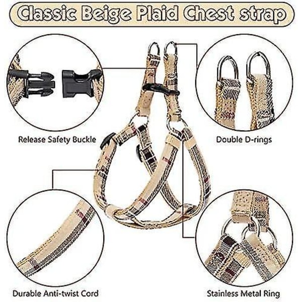 Hundsele med koppel och fluga krage set - Beige rutig valpsele, rymningssäker justerbar N