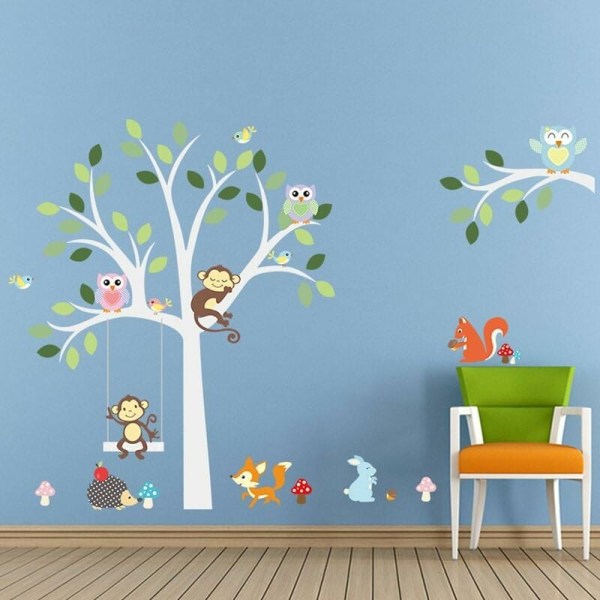 Cartoon Animal Wall Stickers Cute Owls Monkey Fox Baby Nursery Bedroom Removable Wall Decals