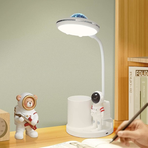 Projektion yövalot lapsille, Astronaut söpö pieni pöytälamppu kynätelineellä, silmiä hoitava työpöytälamppu (A, valkoinen)