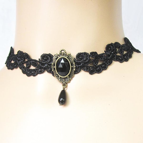 Gotisk svart choker blonder halskjede kongelig hoff vampyr choker halskjede rød rhinestone og svart dråpeformet anheng (rød)（rød）