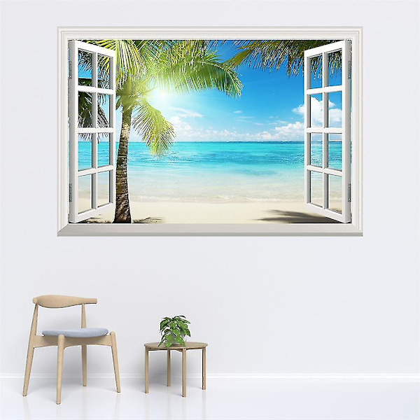 Tropisk øystrand, sommer 3d vindusutsikt veggklistremerke plakat klistremerke, 1 stk