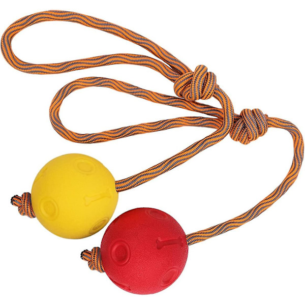 2 kappaletta koiran palloa köydellä, kestävä vahva kumipallo köydellä, täydellinen noutamiseen, kiinniottamiseen, heittämiseen ja köyden vetämiseen (7cm, punainen + keltainen)