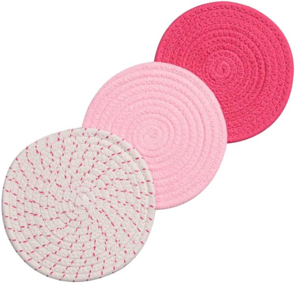 Rosa 3-delat set: Flätat grytunderlägg i 100 % bomullssnöre, 7\" diameter