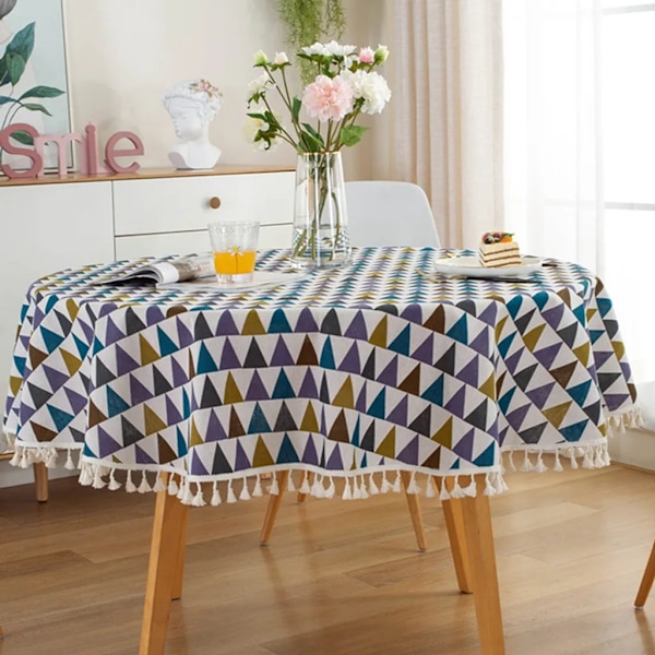 120 cm tofsgard duk med tofsar, rund duk gjord av polyester bomull, för matbord, soffbord, trädgårdsbord (flerfärgat triangelmönster)
