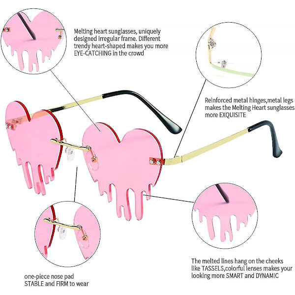 Dryppende hjerte solbriller til kvinder, rimløse smeltende hjerteformede solbriller linse trendy festbrillerxq-sg1052