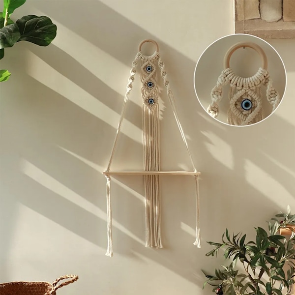 Boho vägg hylla, handvävd blomkruka stativ, väggdekoration med tofsar, väggmontering för sovrum, balkong