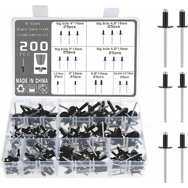 200 st aluminium blindnitar popnitar sortiment 8 storlekar popnitar för metall - MODOU