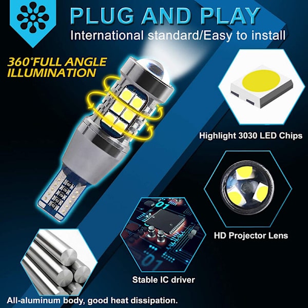 T15 W16W 12V-24V LED-bilglödlampa 921 912, 800lm vit 6500K för bil LED parkeringsljus backljus (2 st)