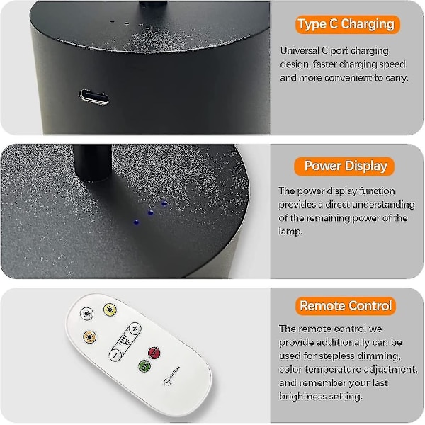 Sunrain trådløse bordlamper, Hapfish 8000mah genopladelig LED-bordlampe med fjernbetjening, 3 farvetilstande, moderne batteridrevne lamper til soveværelse