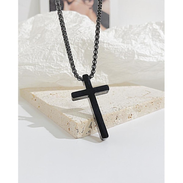 Cross anheng, rustfritt stål kors anheng med 55 cm kjede for menn, kvinner, sølv, svart, gull (svart)