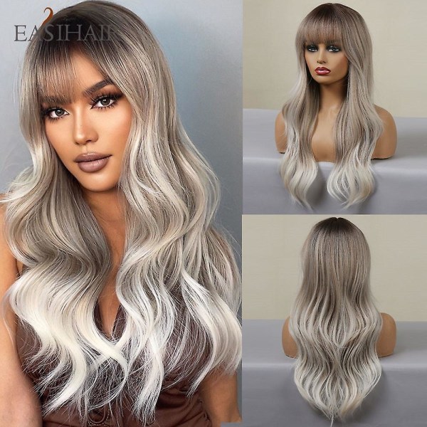 Easihair Brun blandad blond syntetisk peruk med smäll Långt naturligt vågigt hår Peruk för svarta kvinnor Daglig cosplay användning Värmebeständig peruk LC049-1