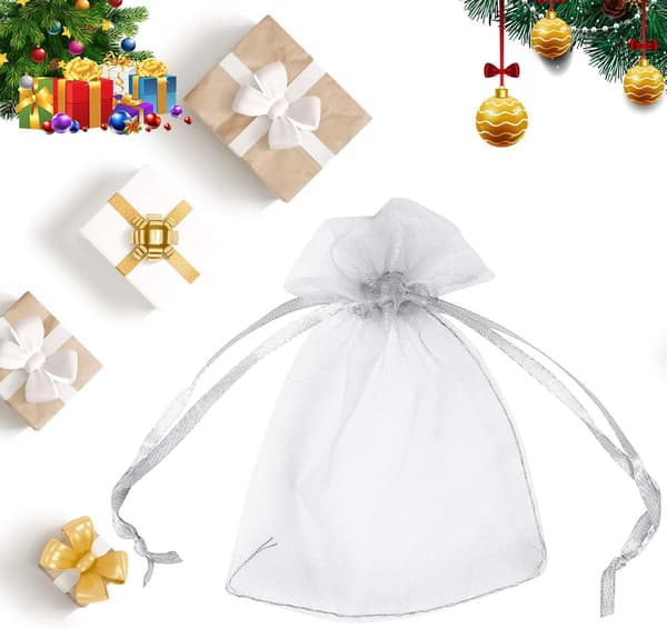 Mesh-smyckespåsar med dragsko, 100-pack, transparenta organza-presentpåsar för bröllopsfest och julklappar, storlek 3\" x 4\" (vit)