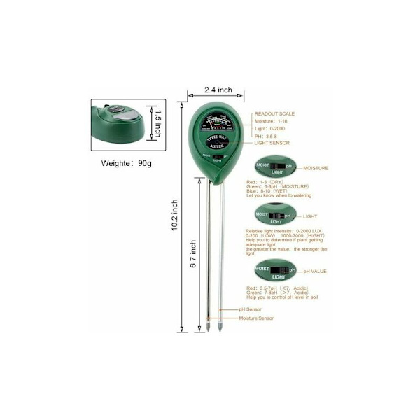 HSSDJ Jordtestkit 3 i 1 Jordtestmätare Ljus & pH Surhetsmätare för Blommor/Gräs/Växter/Trädgård/Gård/Gräsmatta (Inget batteri krävs) LMLY