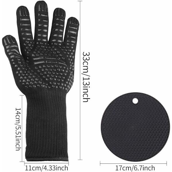 Värmehandske, Ugnshandske med Silikonplatta, Grillhandskar, Ugnshandske, Halkskyddad Ugnshandske, upp till 1472°F/800°C, EN407-certifierad, Värmebeständig Handske