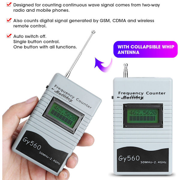 GY560 50MHz till 2.4GHz Bärbar Frekvensräknare, Tvåvägs Radiofrekvensmätare för Bil, Båt