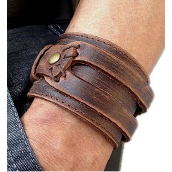 Antikke brune mansjettarmbånd for menn, håndleddsarmbånd av lær håndlagde smykker