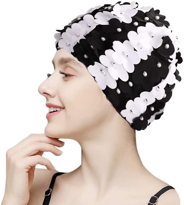 Fashy Dame Sort & Hvid Blomstersvømningshat, Badehætte, 3d Blomsterblad Badehætter Badehætte, One Size, Voksne