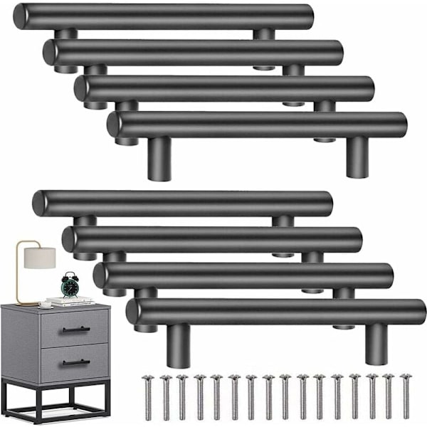 8 st T-bar handtag för köksdörrar med skruvar (200 mm), möbelhandtag i rostfritt stål, hålavstånd 128 mm, för köksskåp, svart